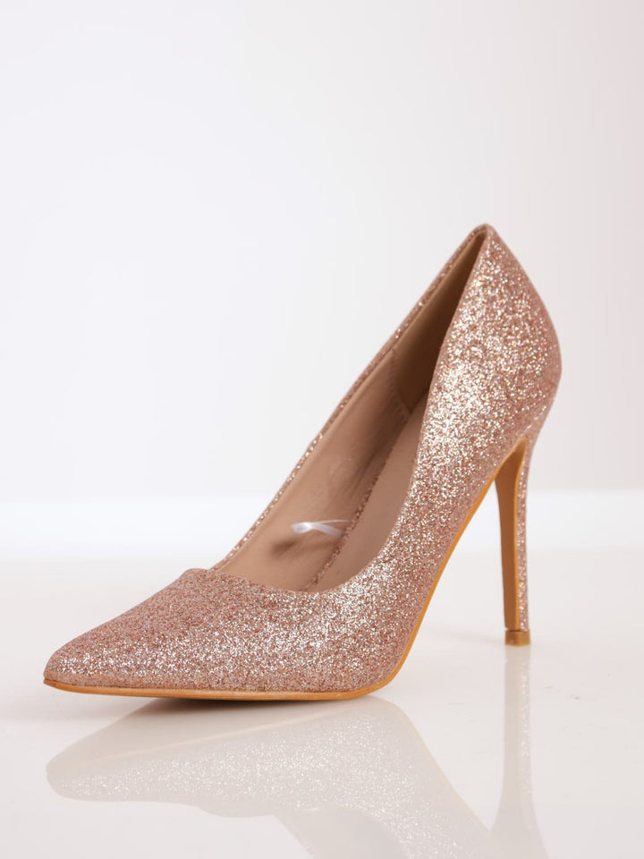 Ladies Glitter Fabric Pointed Court Stiletto Heel - Rose Gold