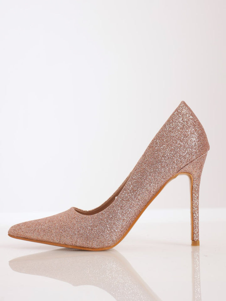 Ladies Glitter Fabric Pointed Court Stiletto Heel - Rose Gold