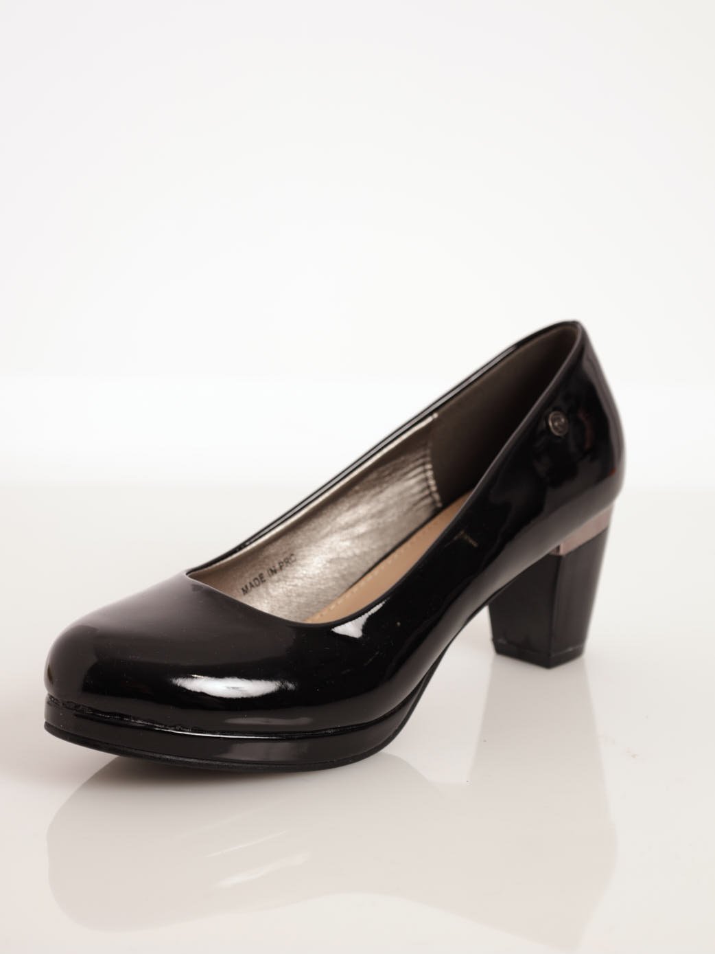 Ladies Patent Block Heel Court Shoe - Black