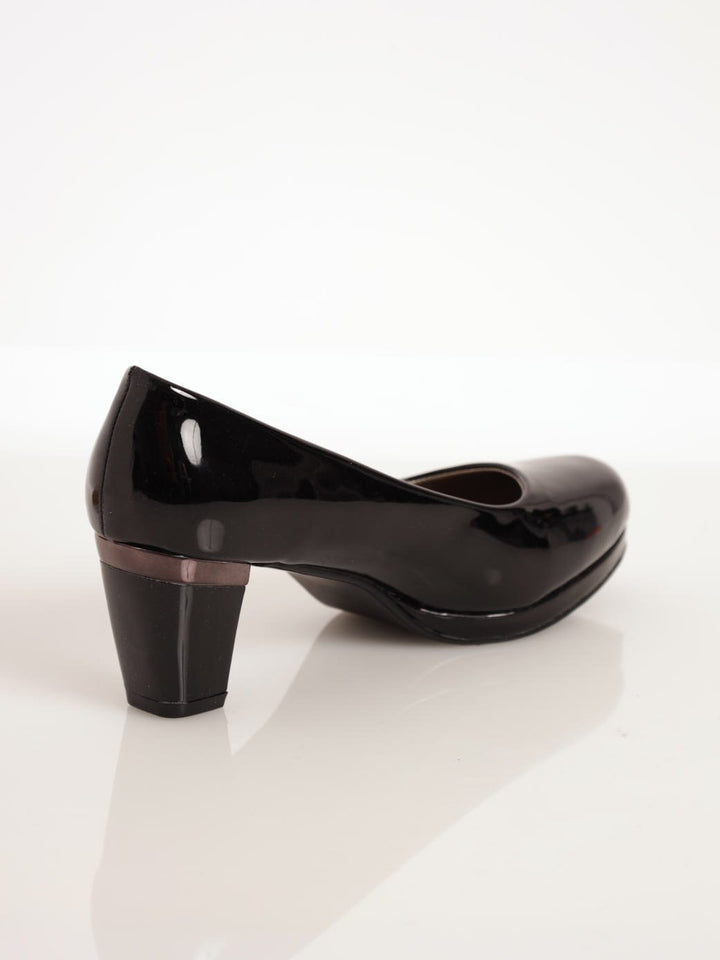 Ladies Patent Block Heel Court Shoe - Black