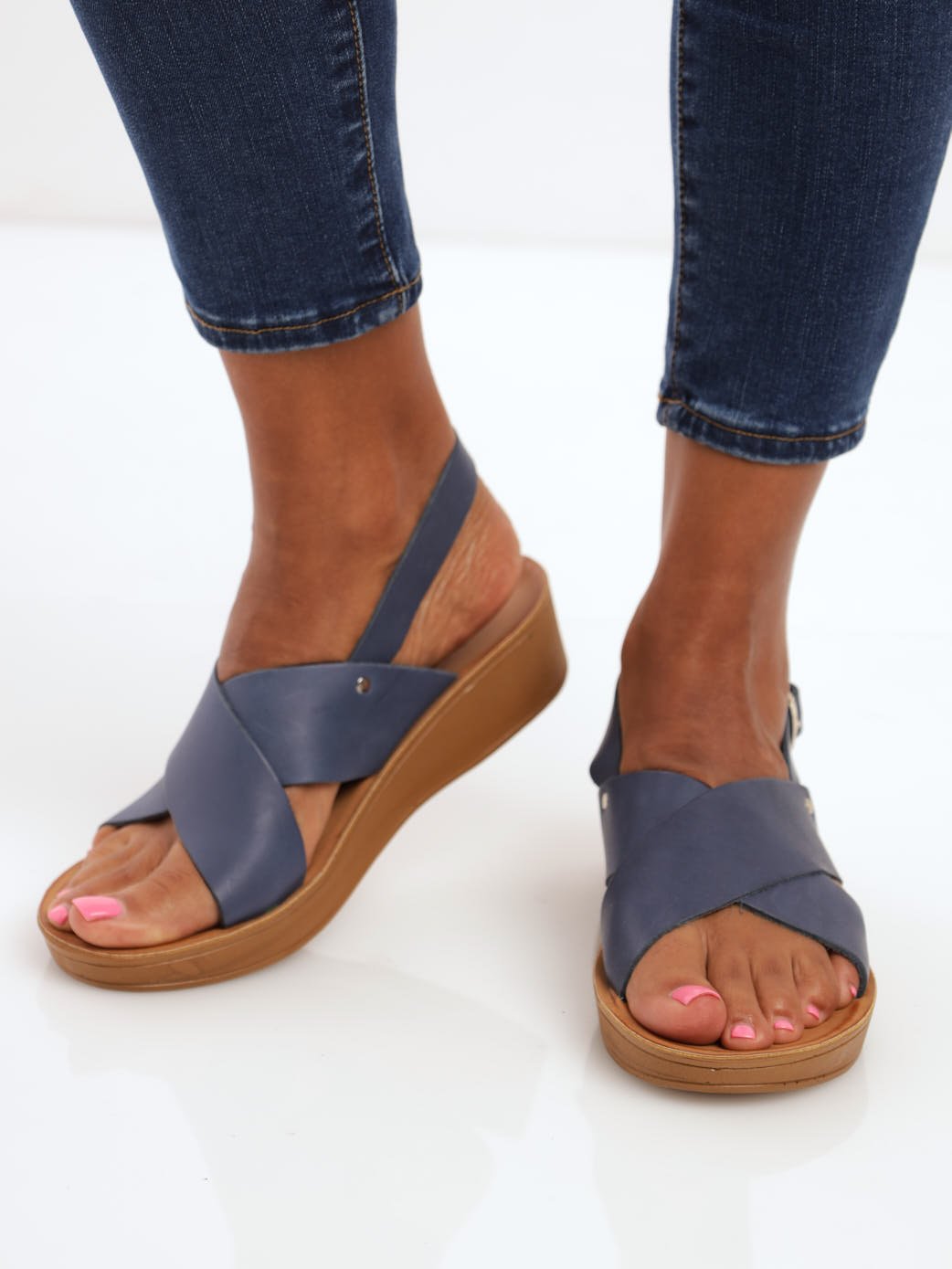 Ladies Kate Leather Mule With Backstrap Wedge Sandal - Navy