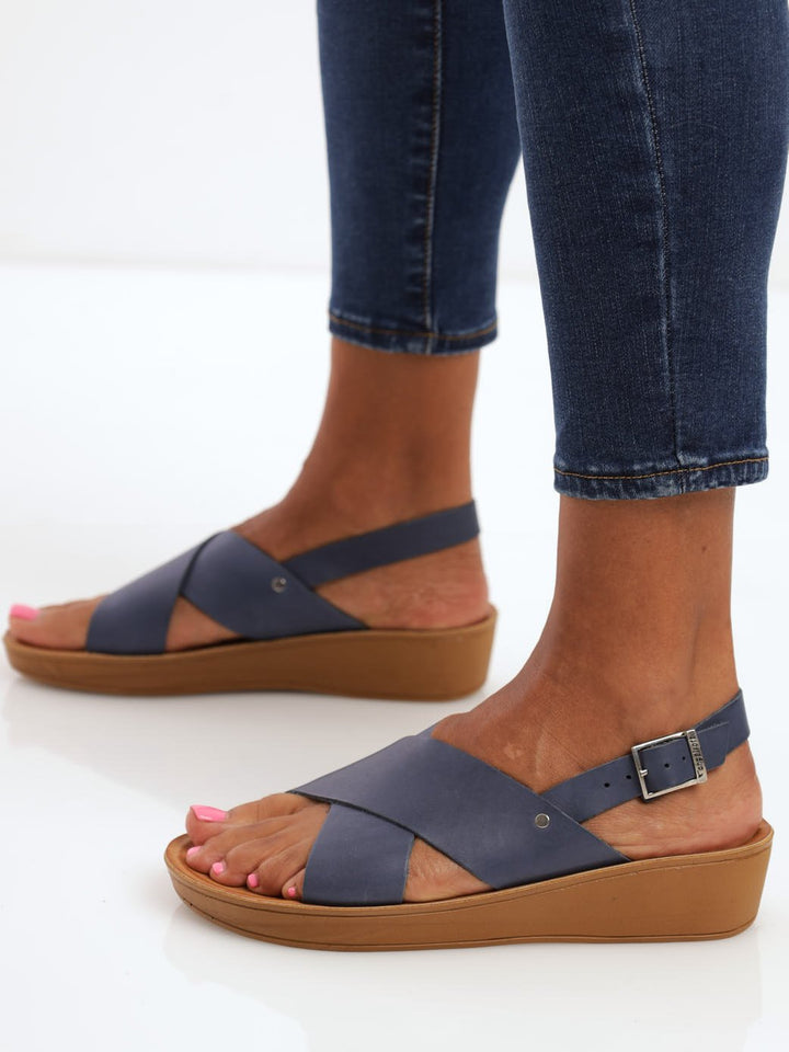 Ladies Kate Leather Mule With Backstrap Wedge Sandal - Navy