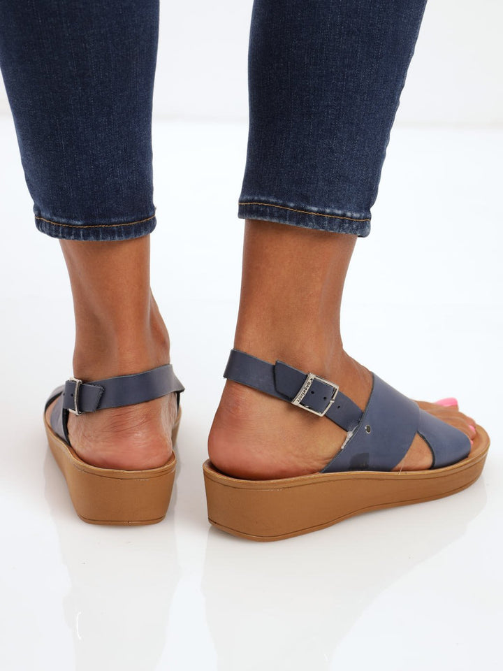 Ladies Kate Leather Mule With Backstrap Wedge Sandal - Navy