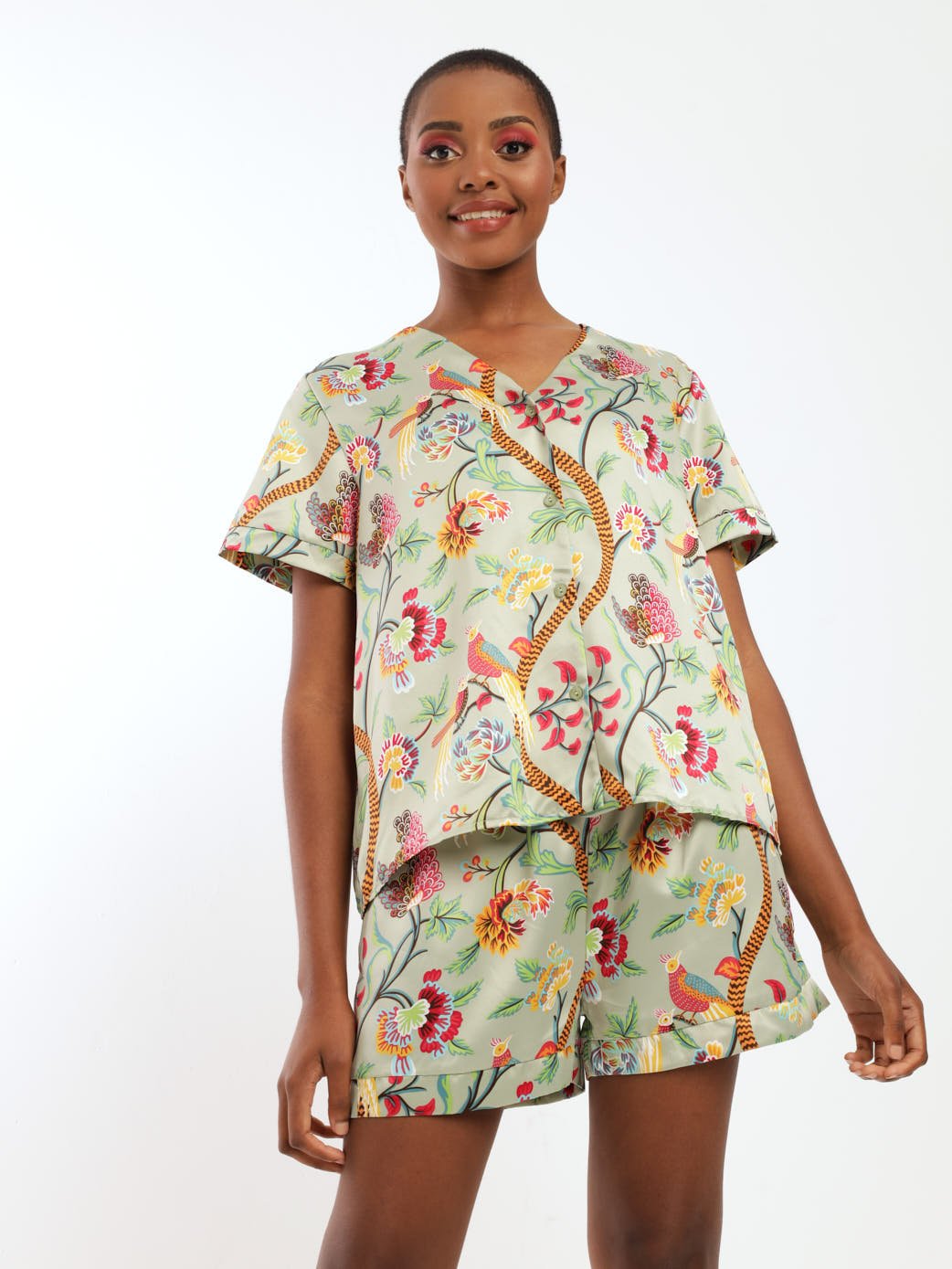 Ladies Peacock Satin Button Through Sleepwear - Green