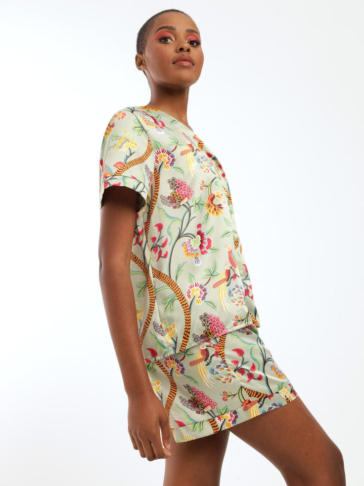 Ladies Peacock Satin Button Through Sleepwear - Green