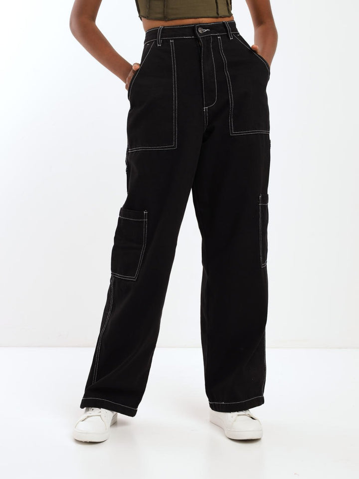 Ladies Black Cargo Contrast Stitch Denim Jean