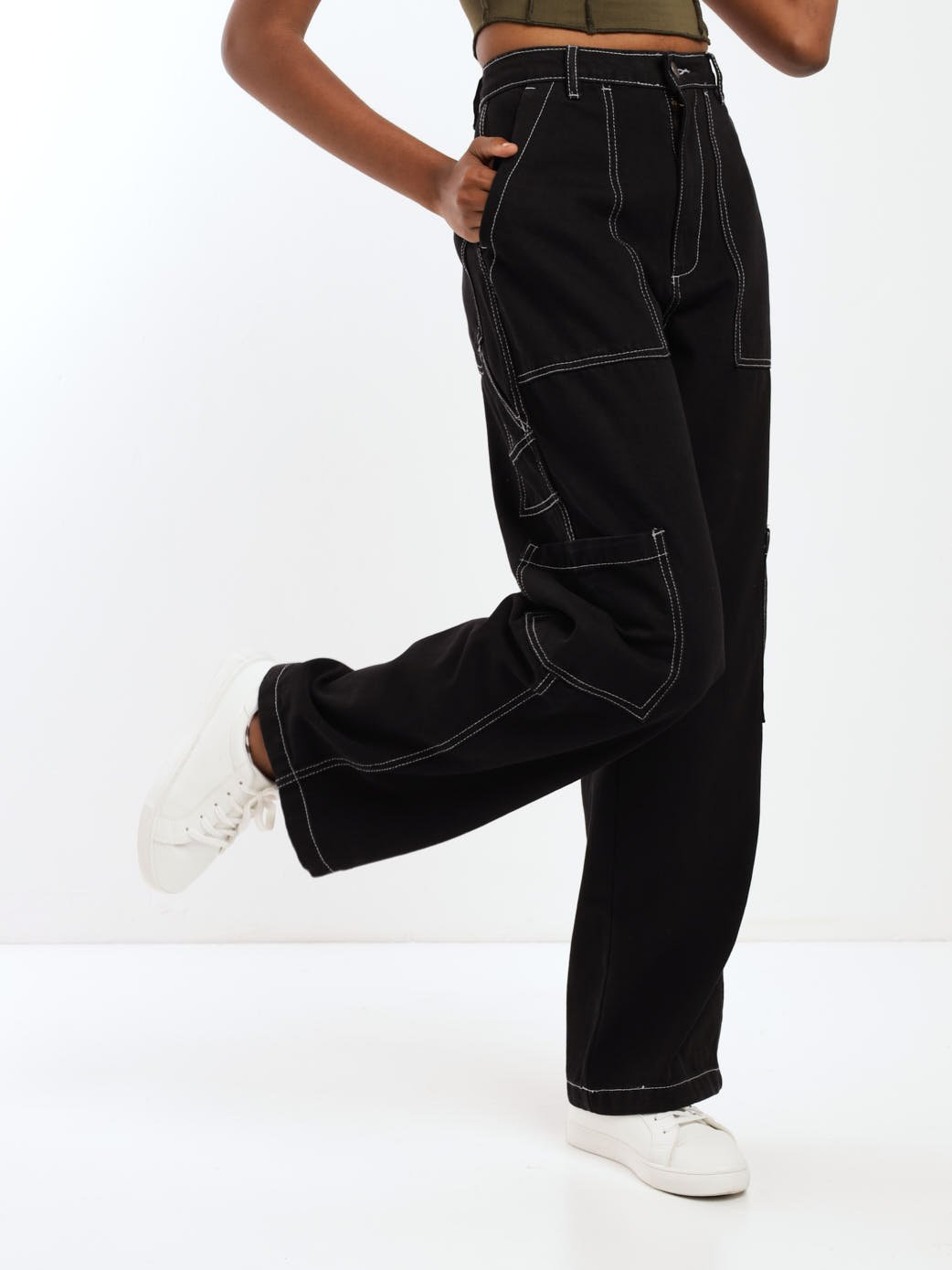 Ladies Black Cargo Contrast Stitch Denim Jean