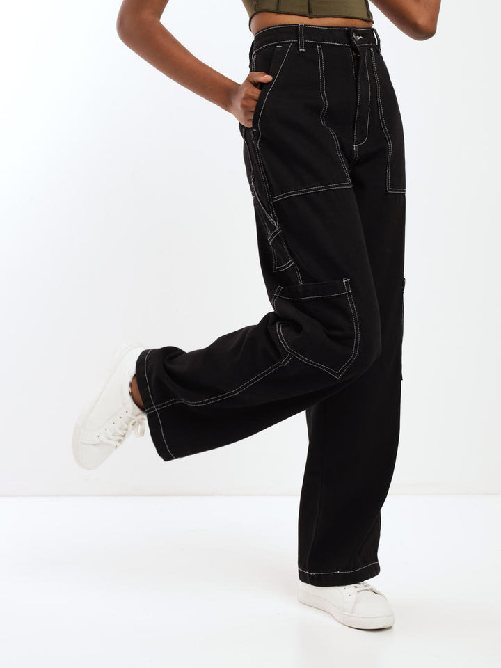Ladies Black Cargo Contrast Stitch Denim Jean