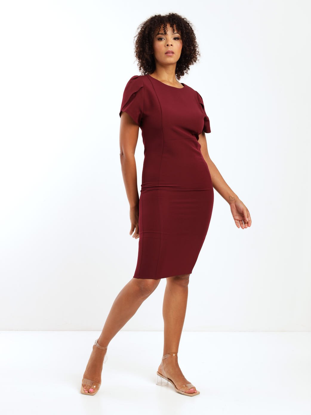 Ladies Petal Sleeve Shift Dress - Burgundy