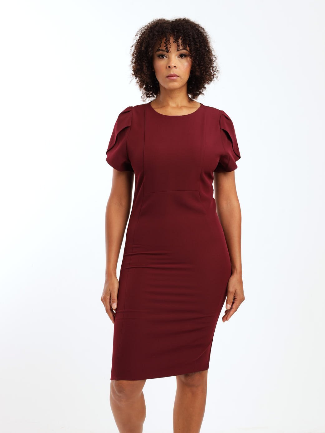 Ladies Petal Sleeve Shift Dress - Burgundy