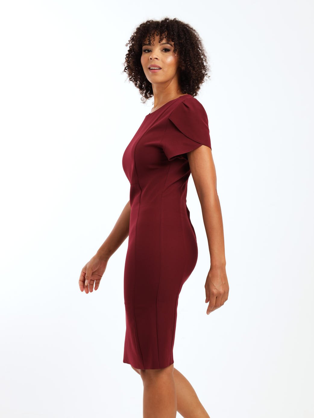 Ladies Petal Sleeve Shift Dress - Burgundy
