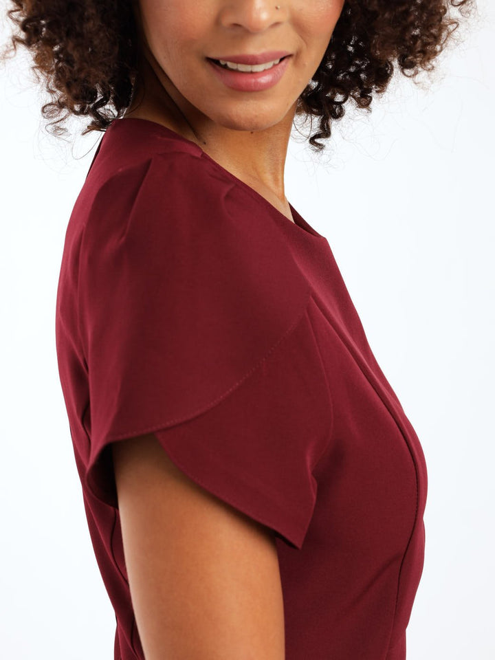 Ladies Petal Sleeve Shift Dress - Burgundy
