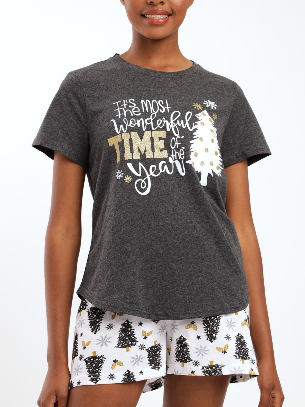 Ladies White Christmas Tree Sleepwear - Black