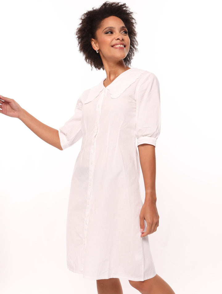 Ladies Embroidered Collar Shirt Dress - White