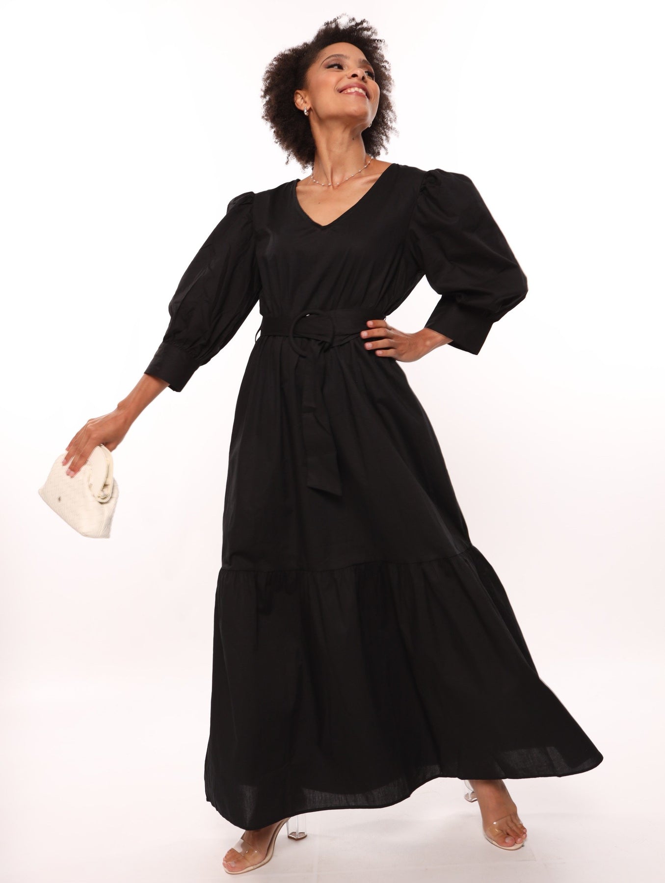 Ladies Blouson Sleeve Tiered Maxi Dress - Black – Edgars