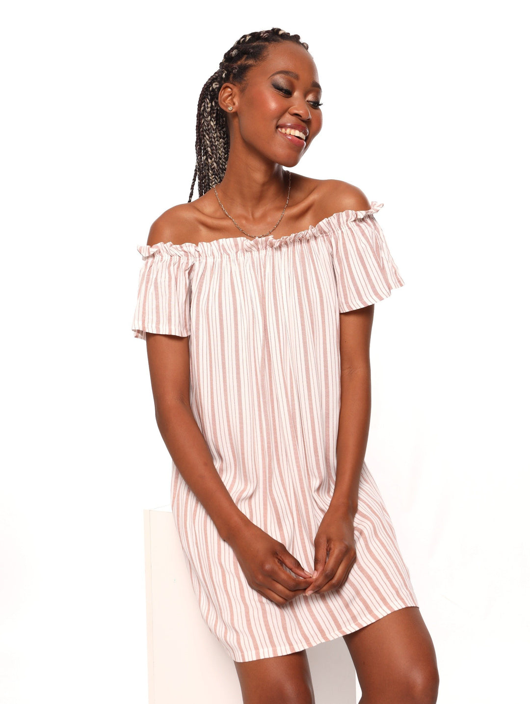 Ladies Stripe Bardot Mini Dress - Nude