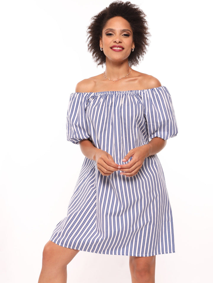 Ladies Stripe Puff Sleeve Bardot Flare Mini Dress - Blue
