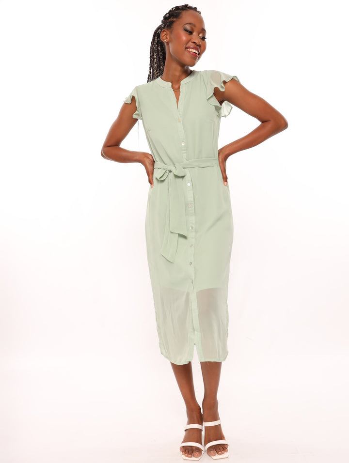 Ladies Button Through Midi Tea Dress - Sage