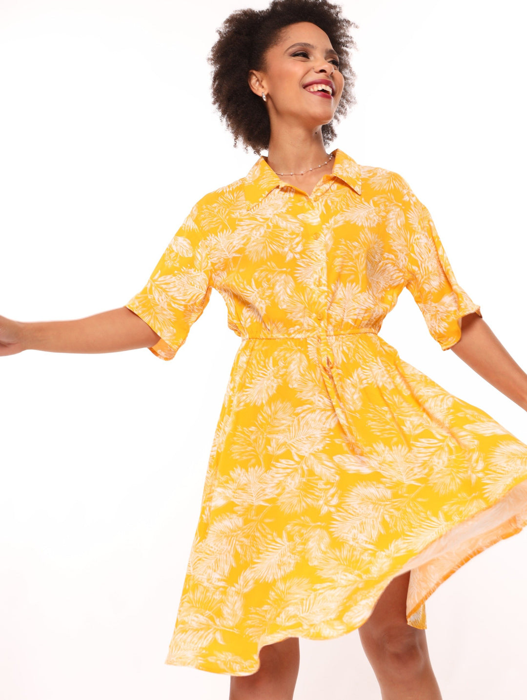 Ladies Waisted Tropical Shirt Dress Mustard