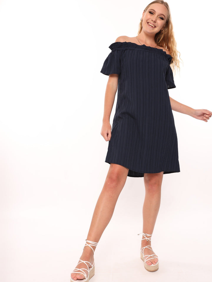 Ladies Mushroom Pleat Bardot Shift Dress - Navy
