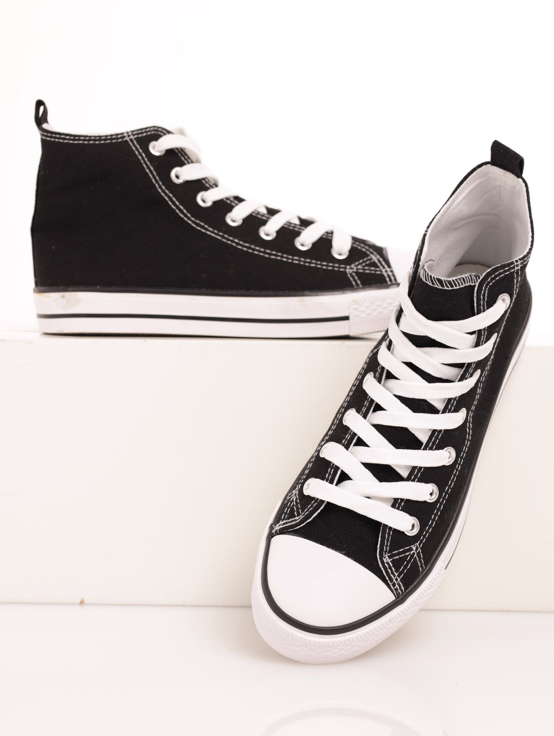Ladies High Top Plimsole Lace-Up Sneaker - Black
