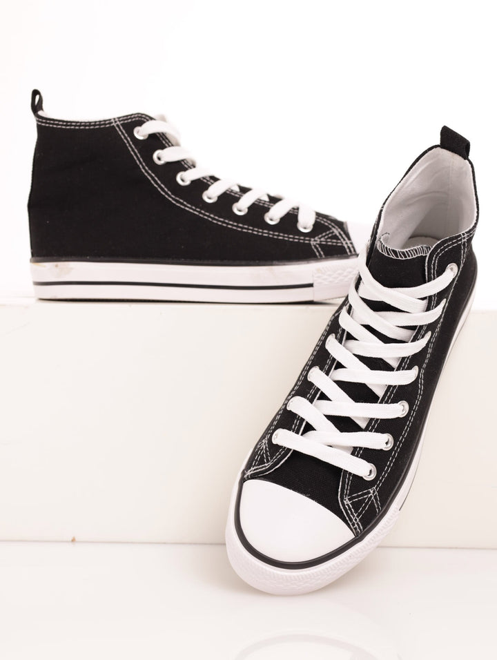 Ladies High Top Plimsole Lace-Up Sneaker - Black