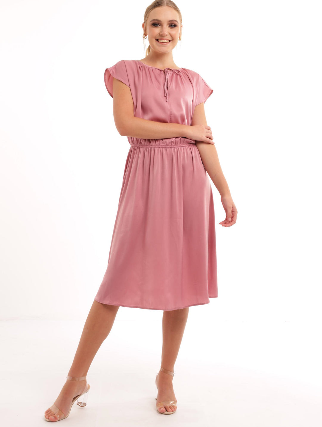 Ladies Sleeveless Elasticated Waisted Dress - Dusty Pink