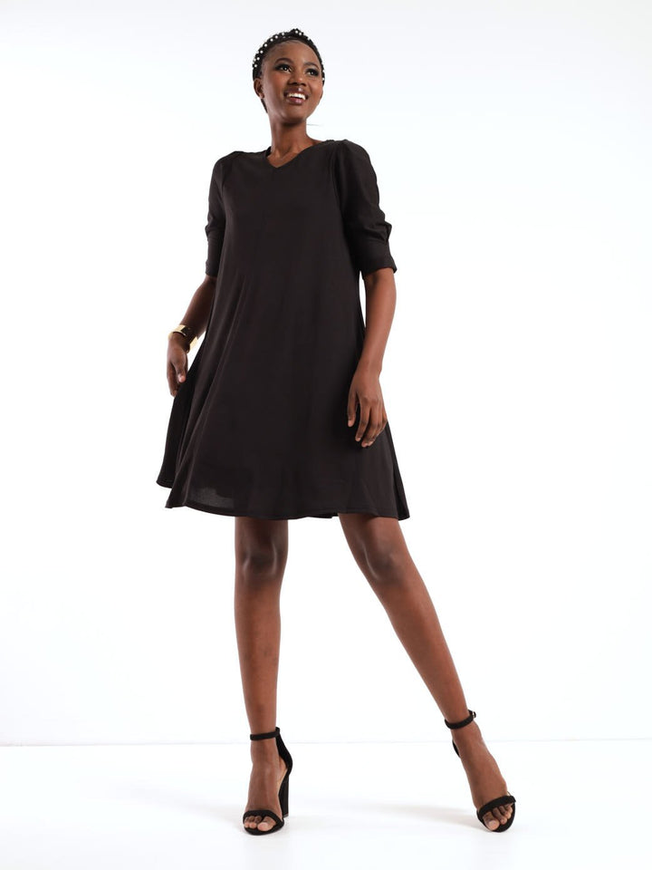 Ladies Gathered Sleeve Trapeze Shift Dress - Black