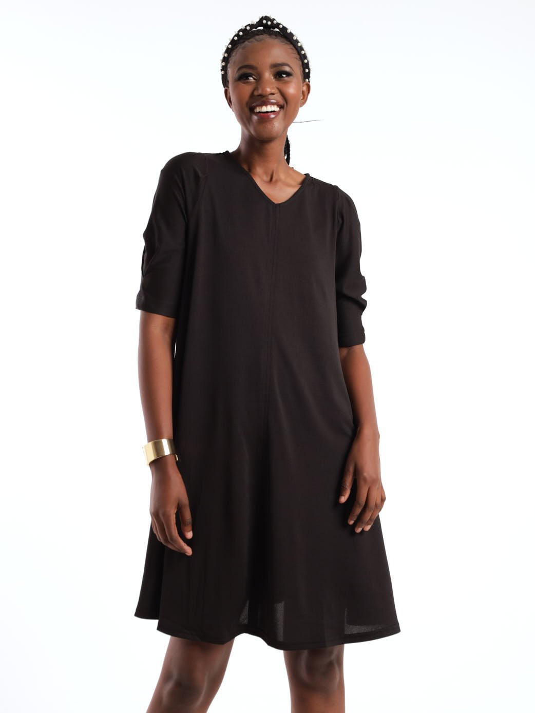 Ladies Gathered Sleeve Trapeze Shift Dress - Black