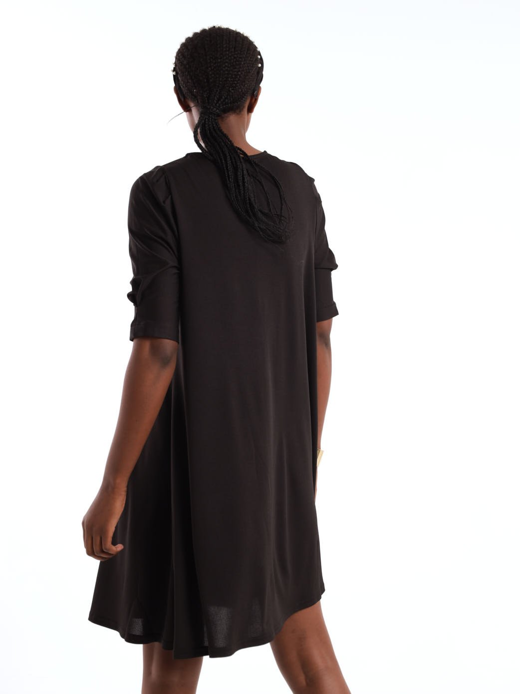 Ladies Gathered Sleeve Trapeze Shift Dress - Black