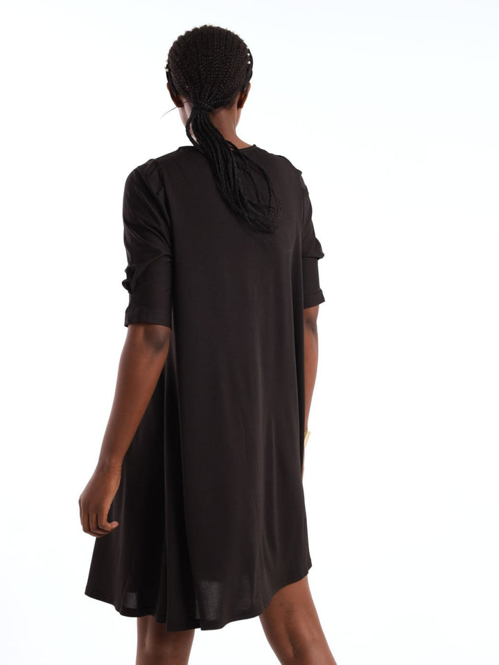 Ladies Gathered Sleeve Trapeze Shift Dress - Black