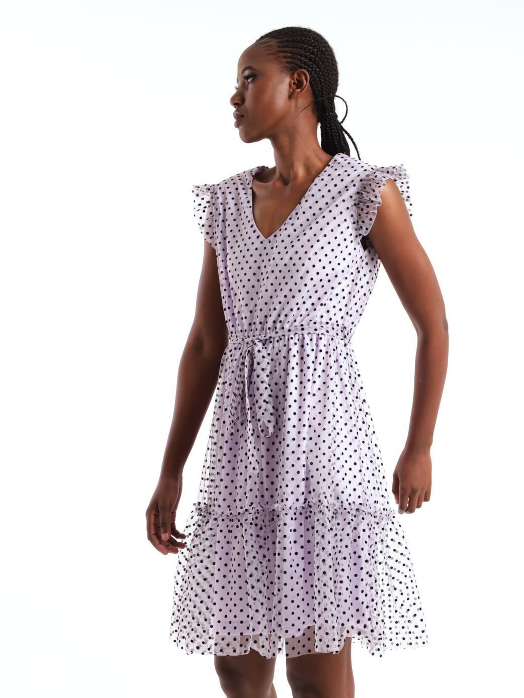 Ladies Frill Sleeve Flocked Mesh Dress - Lilac