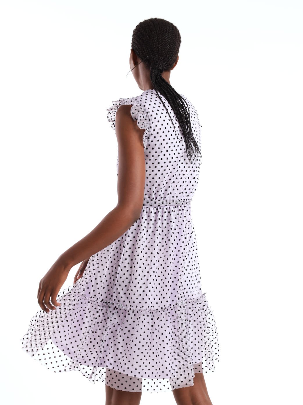 Ladies Frill Sleeve Flocked Mesh Dress - Lilac