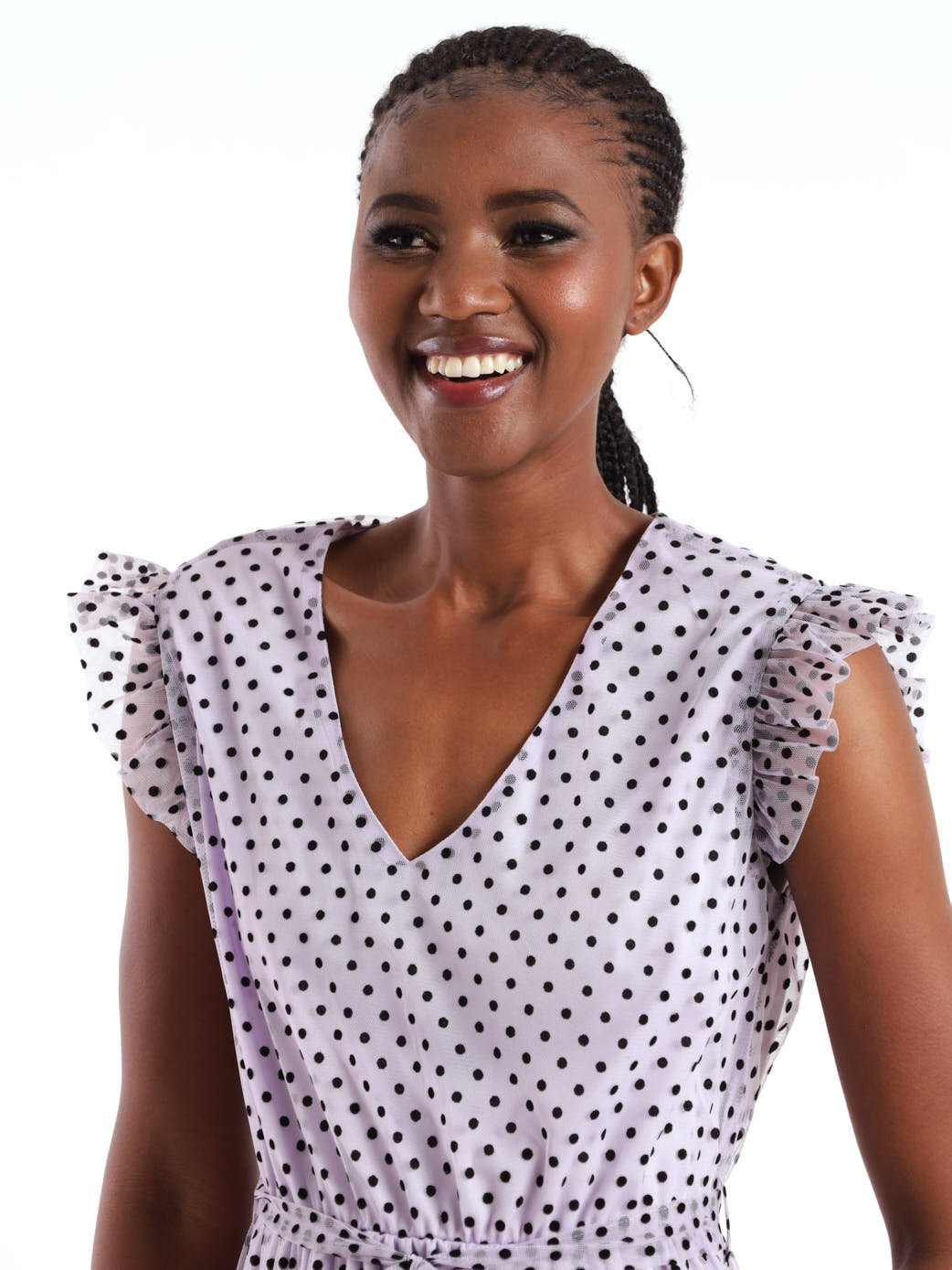 Ladies Frill Sleeve Flocked Mesh Dress - Lilac