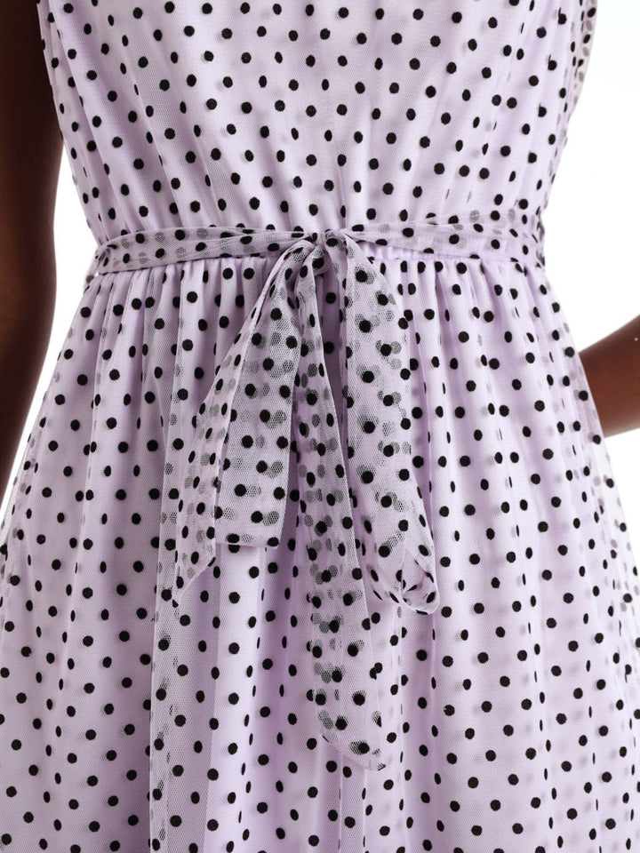 Ladies Frill Sleeve Flocked Mesh Dress - Lilac