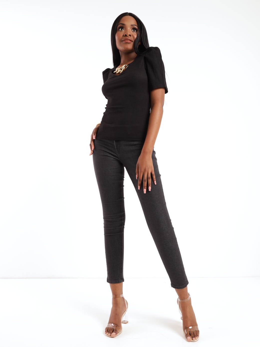 Ladies Puff Sleeve Top With Trim Neck Detail - Black