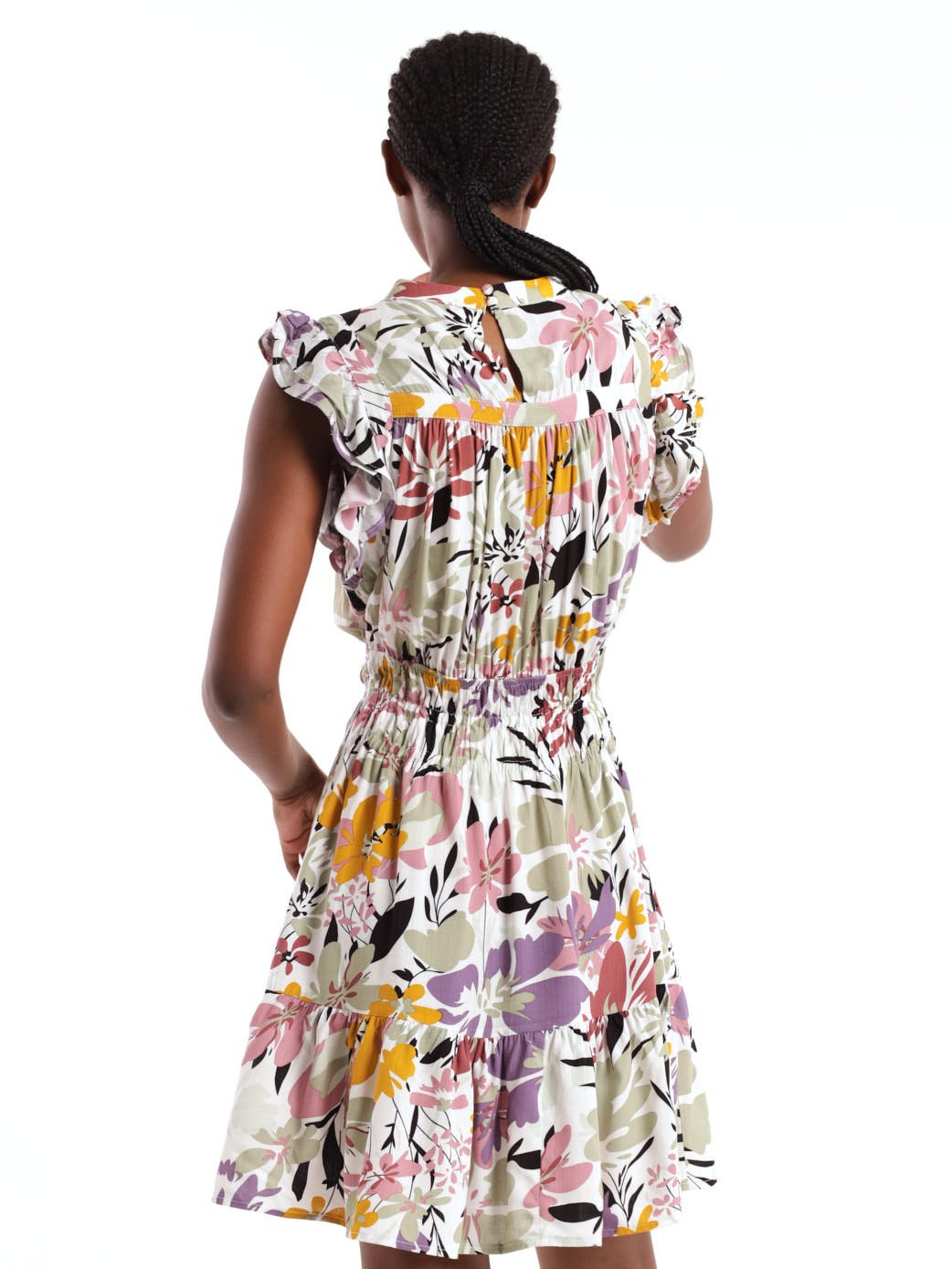 Ladies Sleeveless Waisted Hi-Neck Shirred Dress