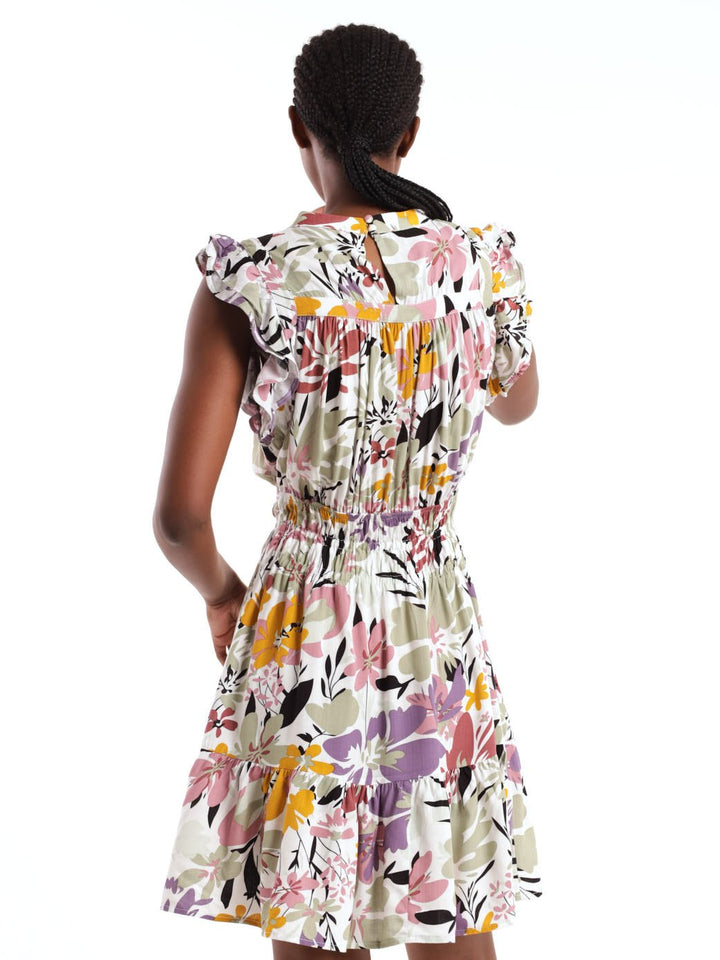 Ladies Sleeveless Waisted Hi-Neck Shirred Dress