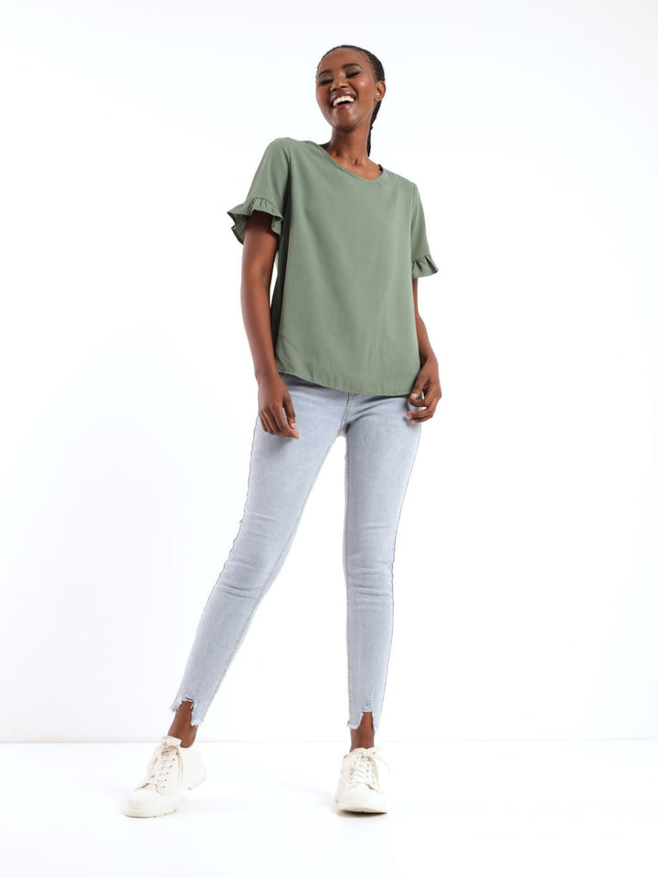 Ladies Short Sleeve Cross Over Open Back Blouse - Green