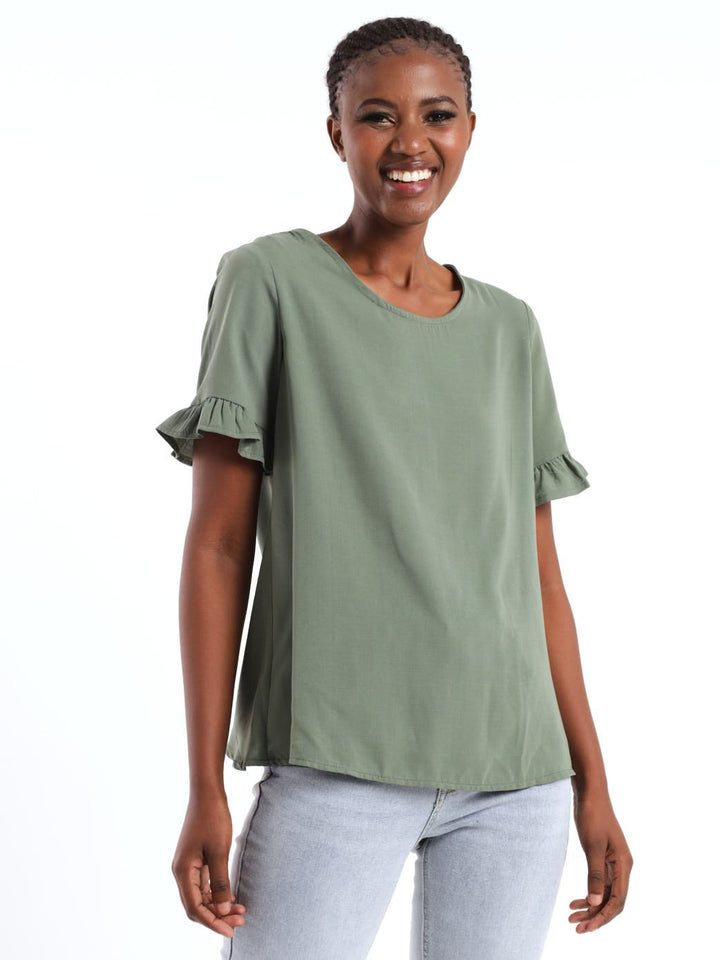 Ladies Short Sleeve Cross Over Open Back Blouse - Green