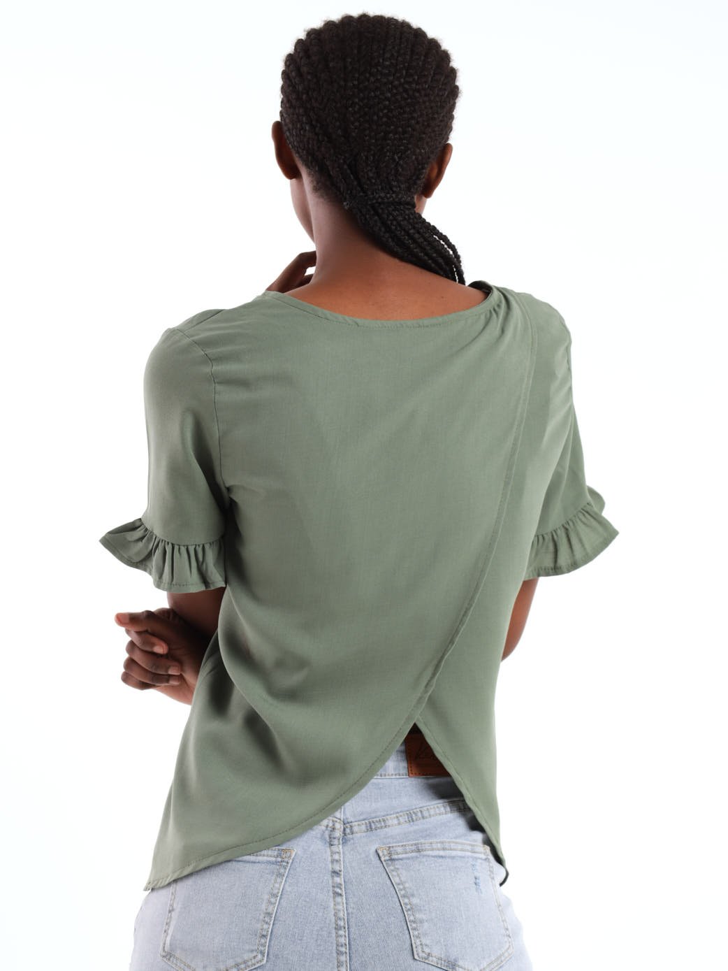 Ladies Short Sleeve Cross Over Open Back Blouse - Green