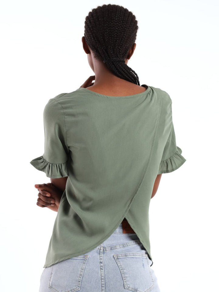 Ladies Short Sleeve Cross Over Open Back Blouse - Green