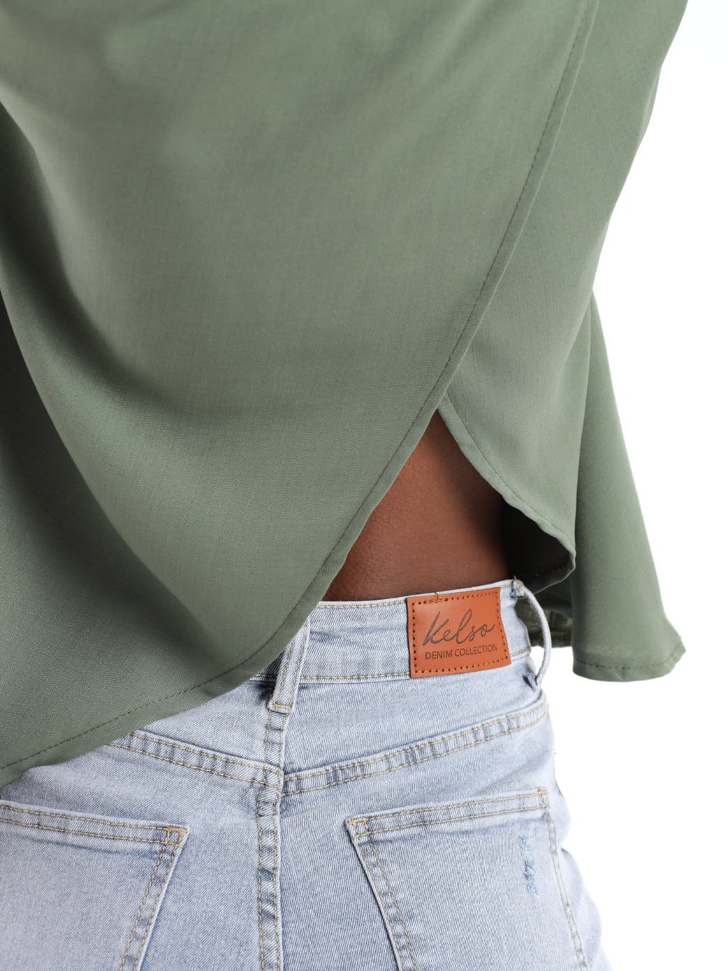 Ladies Short Sleeve Cross Over Open Back Blouse - Green