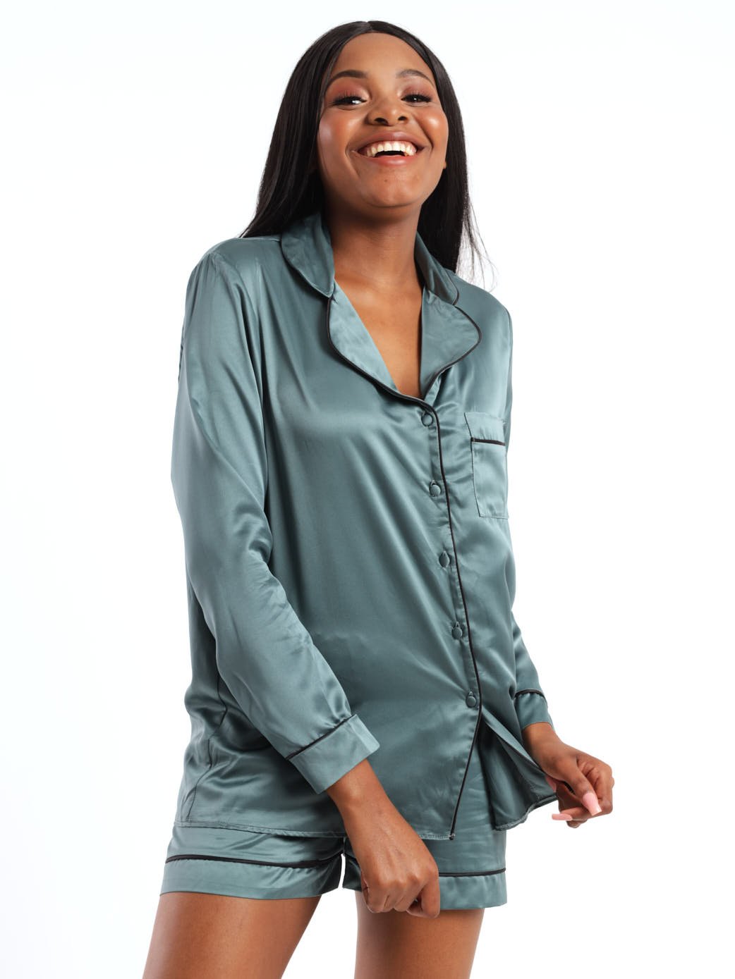 Ladies Satin Piping Shirt And Short Set - Sage