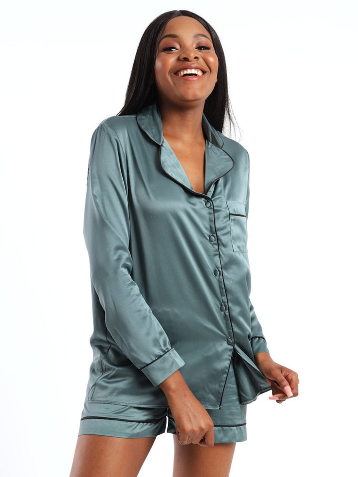 Ladies Satin Piping Shirt And Short Set - Sage