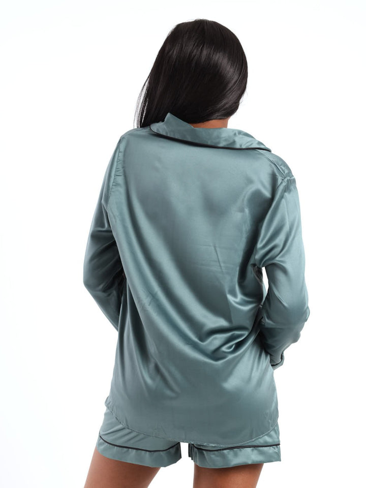 Ladies Satin Piping Shirt And Short Set - Sage