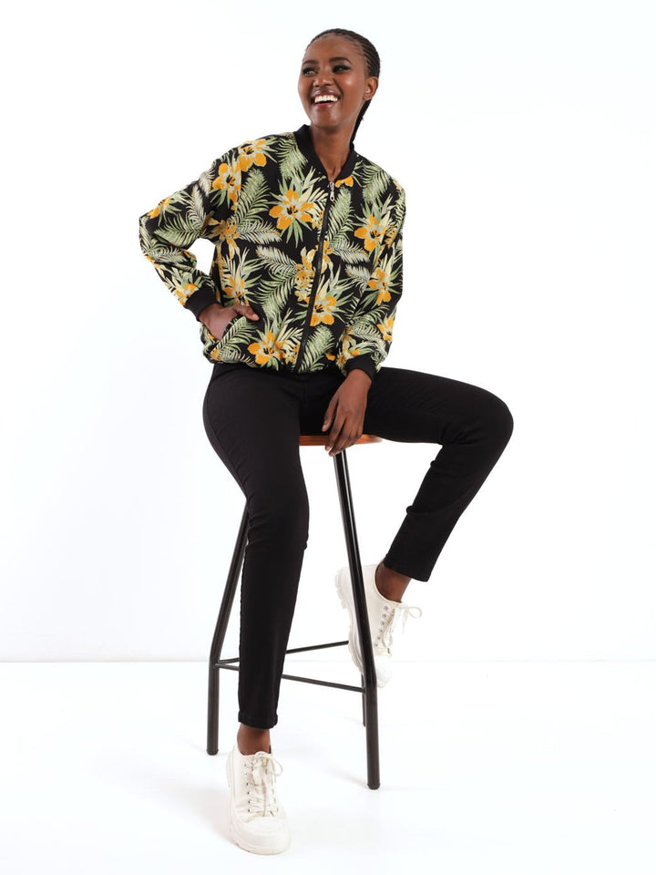 Ladies Long Sleeve Floral Bomber Jacket - Black