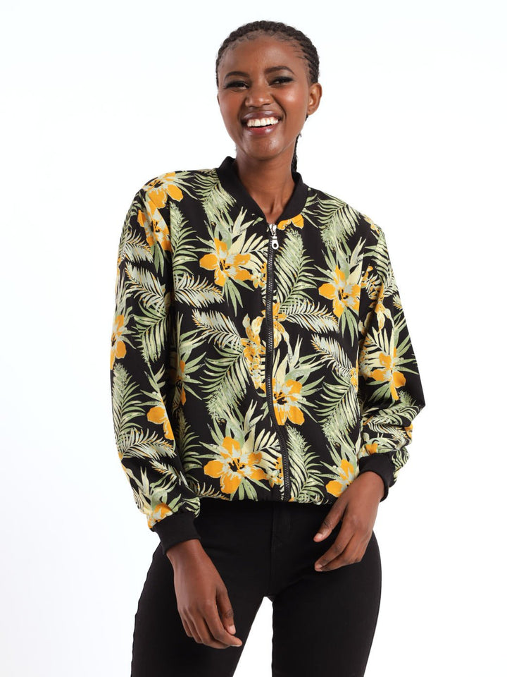 Ladies Long Sleeve Floral Bomber Jacket - Black