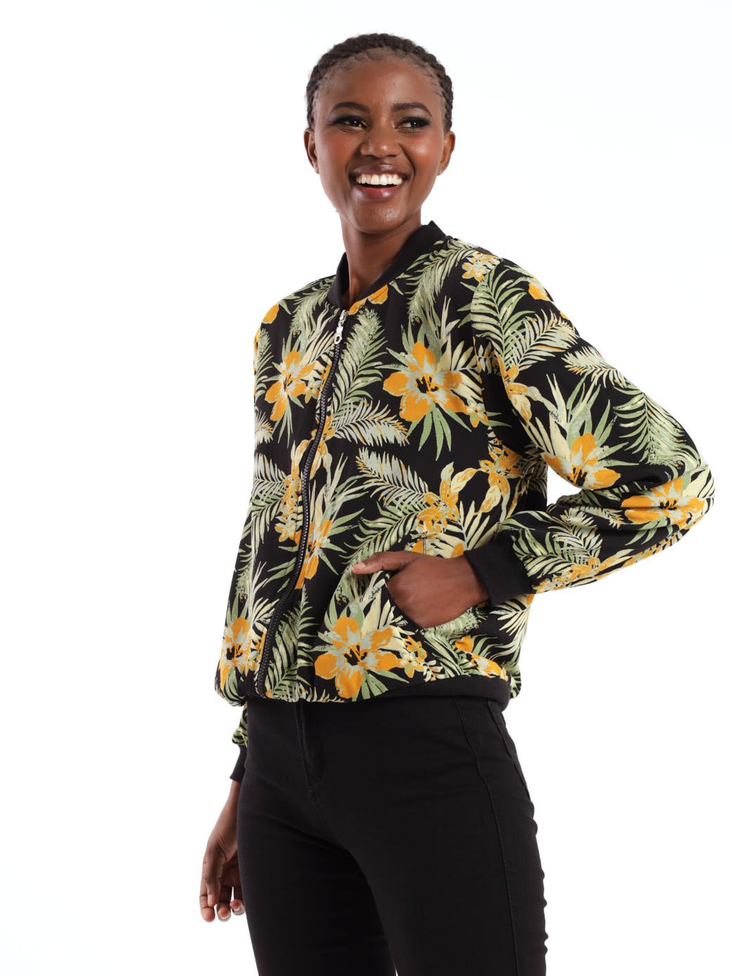Ladies Long Sleeve Floral Bomber Jacket - Black