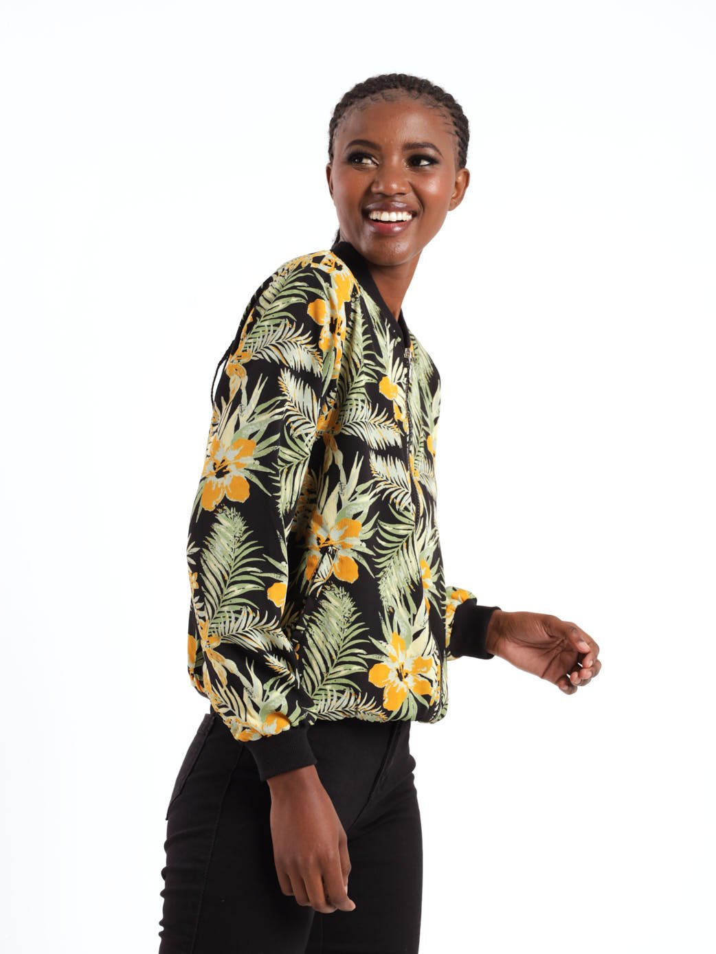 Ladies Long Sleeve Floral Bomber Jacket - Black